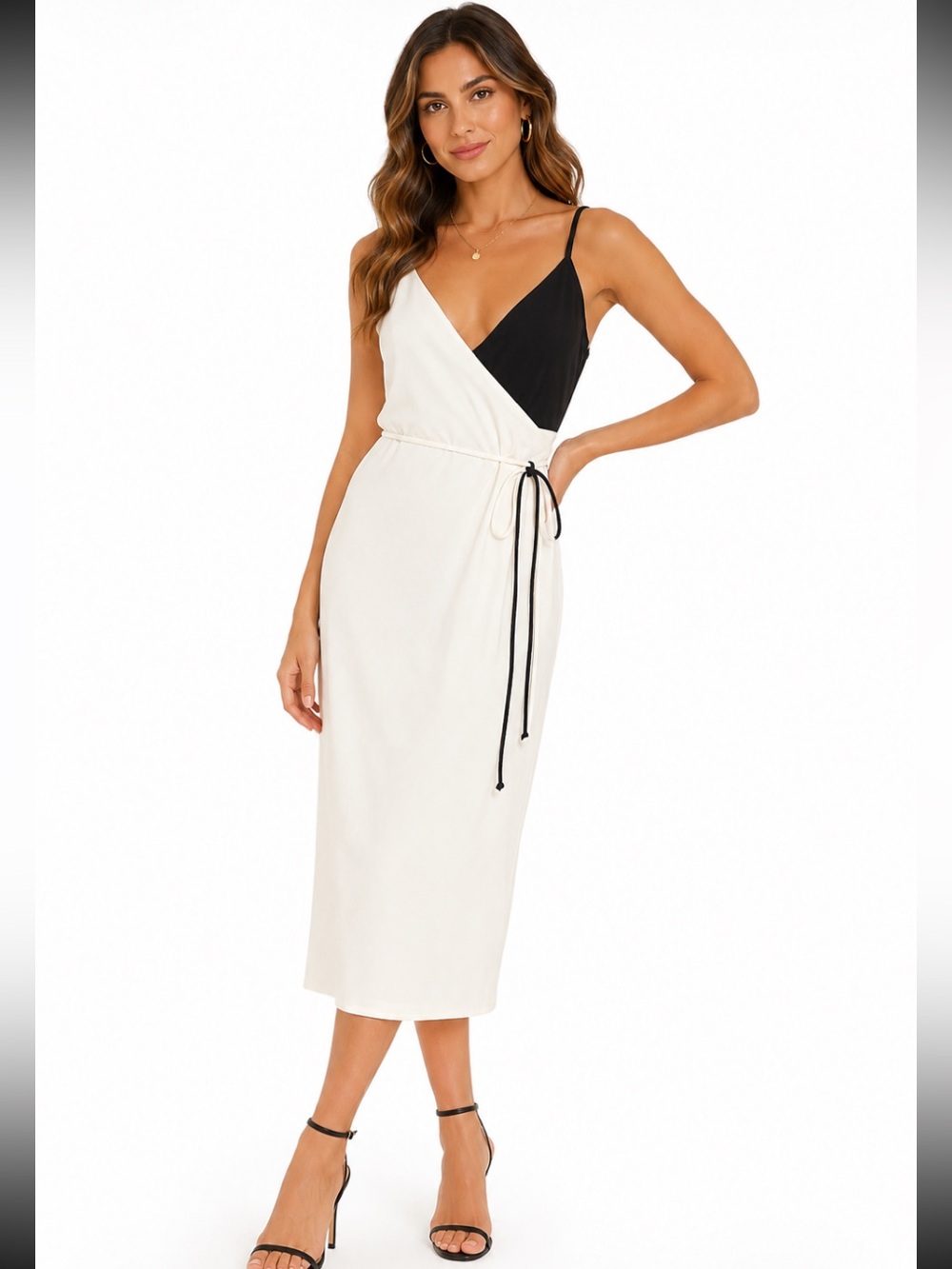 Loveappella White & Black Wrap Front Spaghetti Strap Midi Dress L NWT
